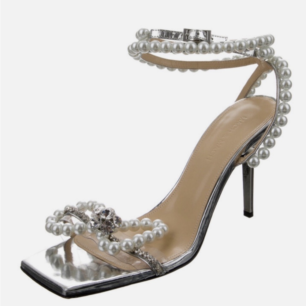 Mach&Mach Crystal Bow Lucite Clear Pearl Ankle Strap Sandals Heels sz 9.5